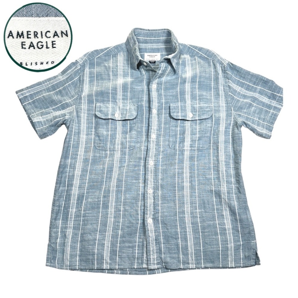 American Eagle Striped Shirt Cotton Short Sleeve Everyday Button Down Mens Blue - Picture 1 of 11